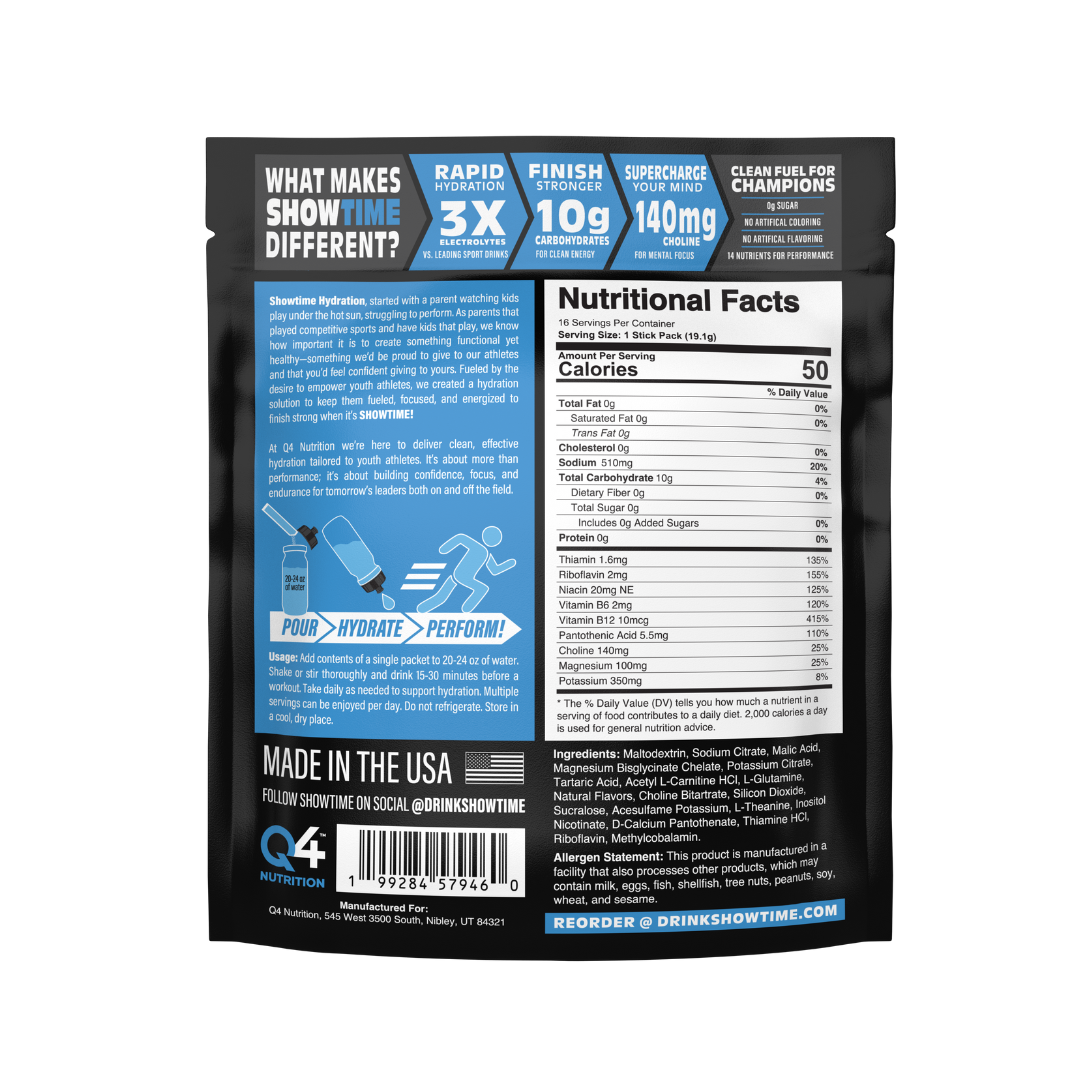 Blue Raspberry Showtime Performance Hydration Sticks - 16 Pack